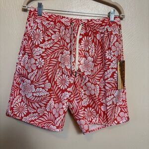 Fair Harbor Men’s Swim Trunks Lined Mastos Anchor Red Hawaiian Floral Medium